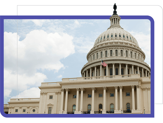 United States capitol government building with country flag.