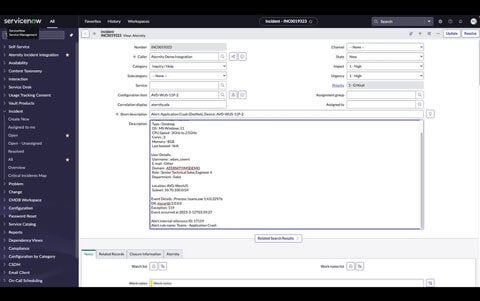 A screen shot of Alluvio Integration with ServiceNow.