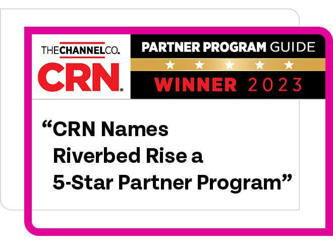A CRN logo with 5 star winner with Riverbed.