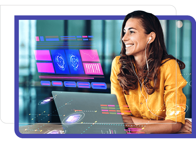 woman looking at super imposed data over laptop