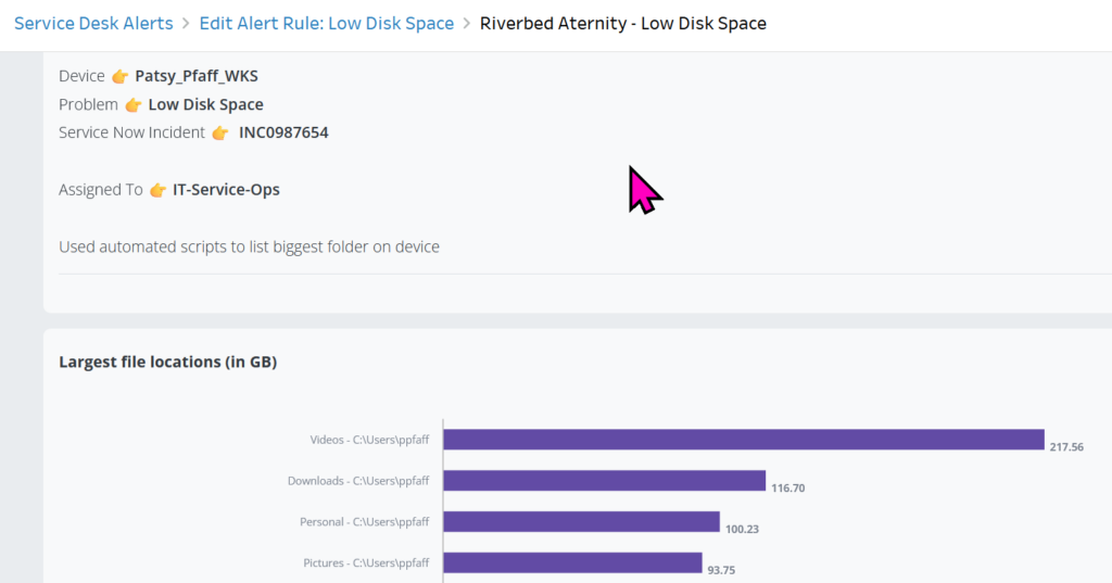 Aternity Intelligent Service Desk - Low Disk Space Output