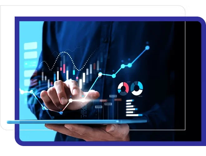 hand typing on a digital screen, blue background