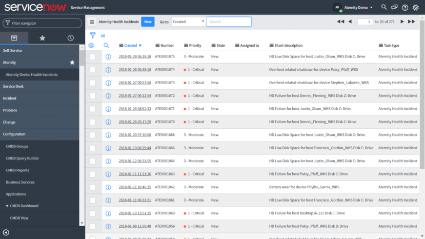 Integration between Aternity and ServiceNow automatically sends Aternity device health alerts to ServiceNow