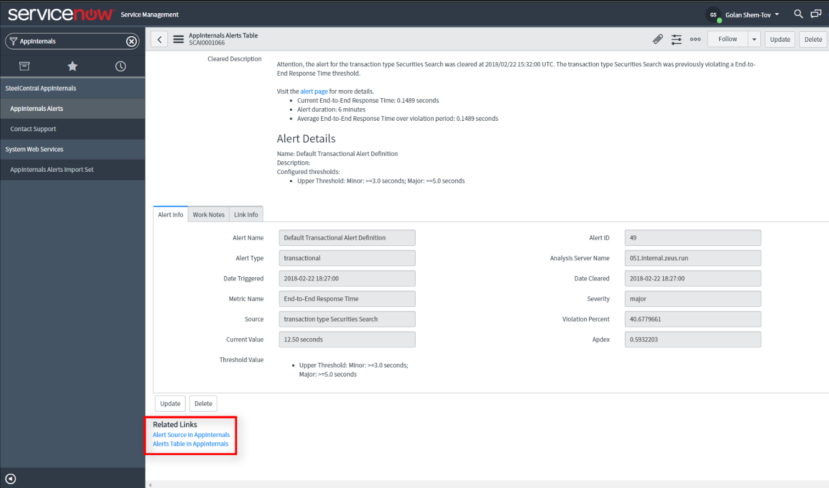 AppInternals and ServiceNow integration