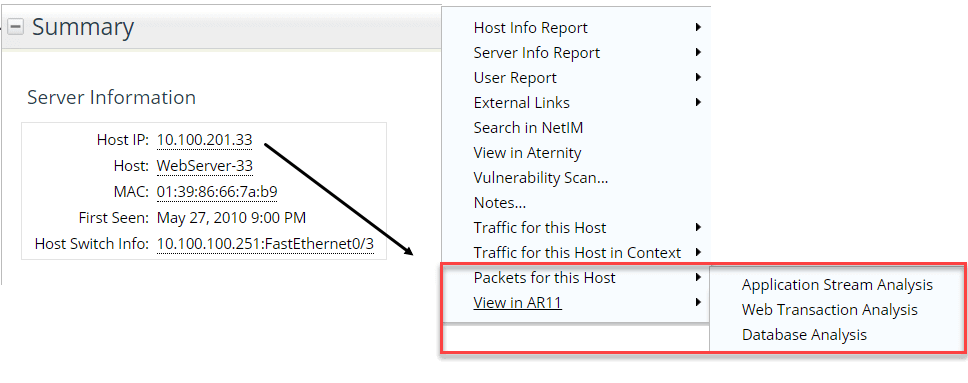 Right-click drill-down from NetProfiler to AppResponse
