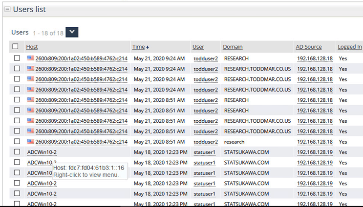The User List report shows exactly who is logged in by leveraging the user information obtained from the AD Connector. Note the IPv6 addresses.