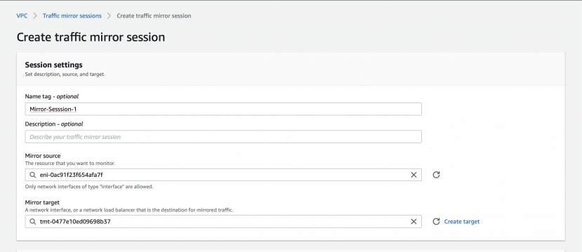 create aws vpc traffic mirror session