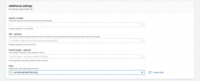 create aws vpc traffic mirror session additional settings